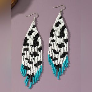 Cow print seed bead fringe earrings